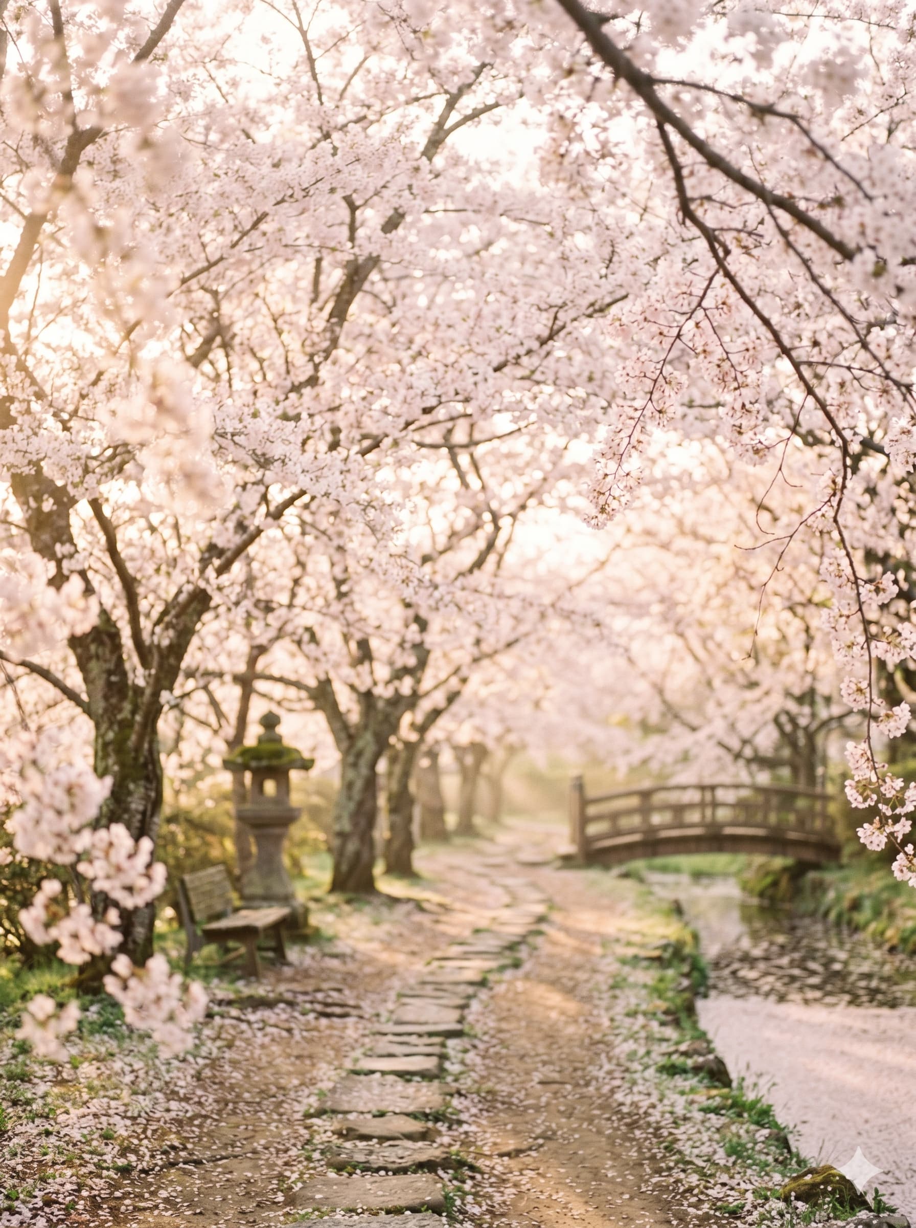 春の撮影スポット — 桜並木と石畳
