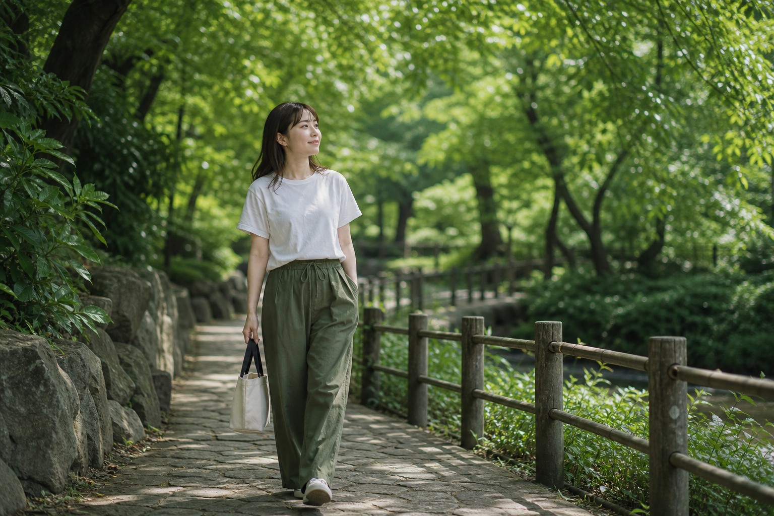 木陰の遊歩道でのポートレート撮影イメージ