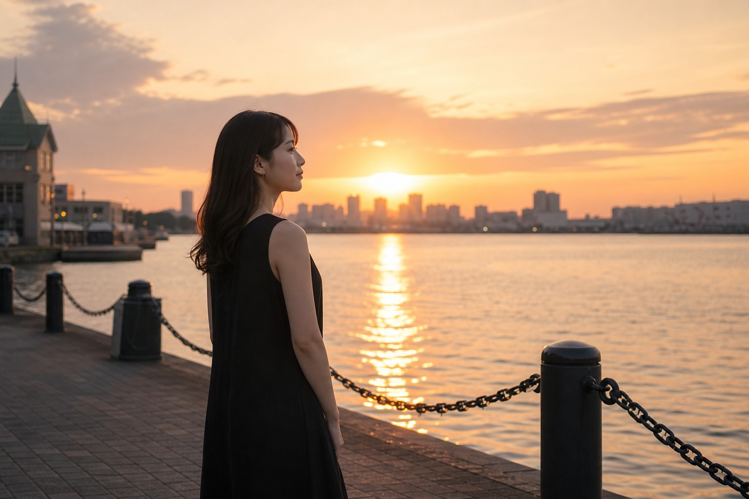 夕景の水辺でのポートレート撮影イメージ