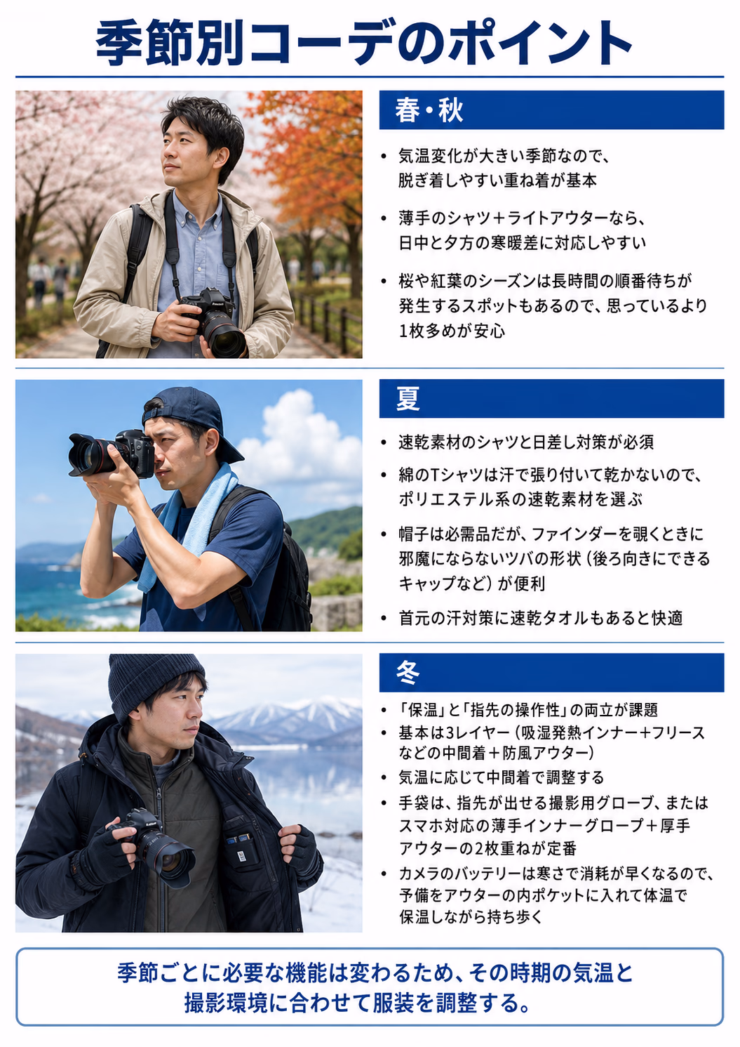 春秋・夏・冬の季節別コーデのポイント