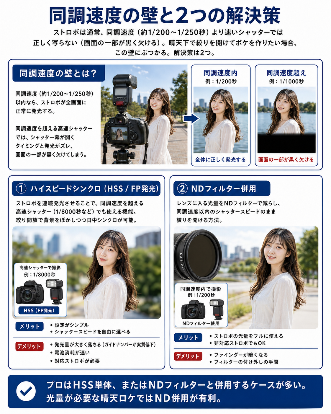 同調速度の壁と2つの解決策: 同調速度超えで画面が黒く欠ける仕組みと、HSS・NDフィルターの比較図解
