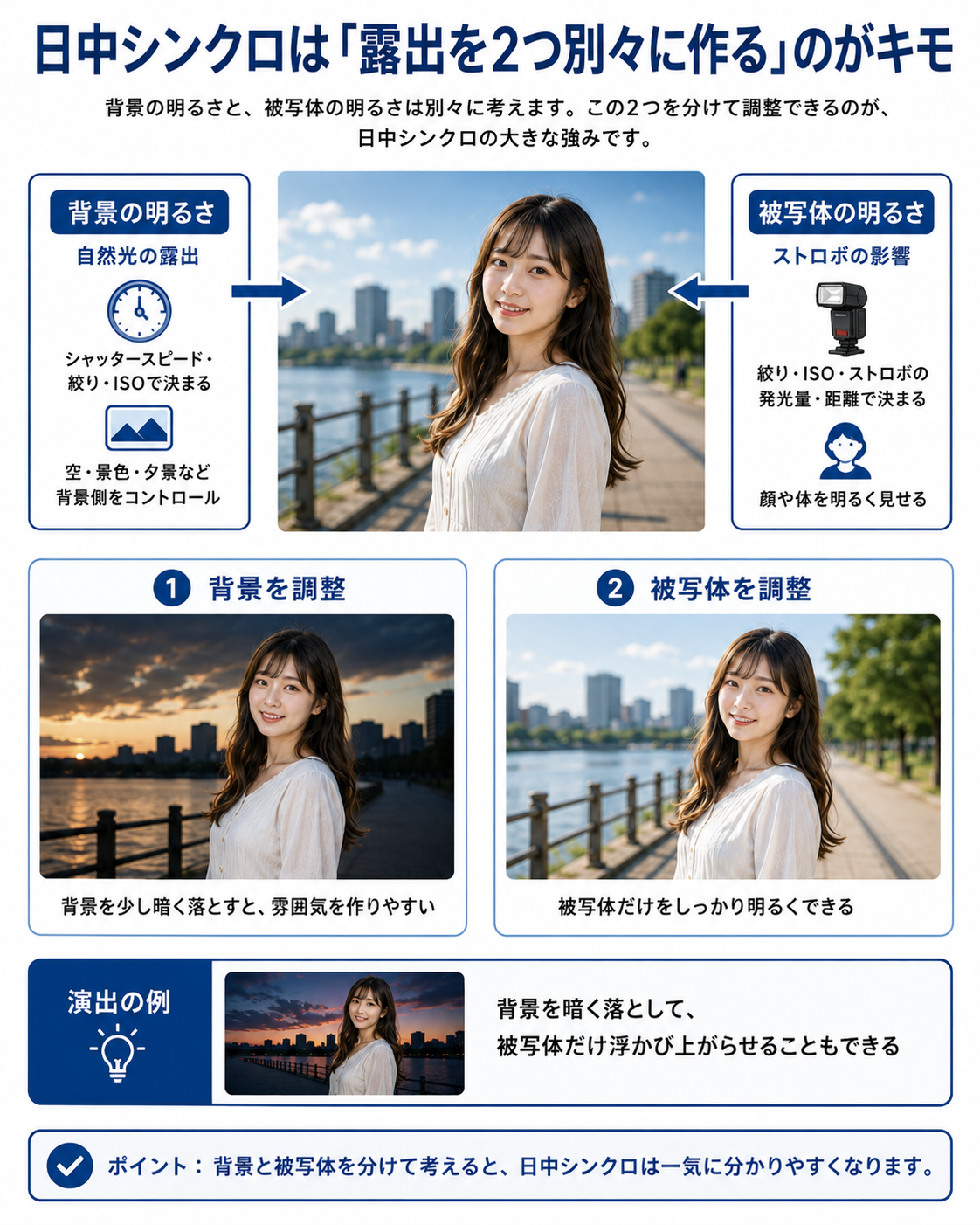 日中シンクロは露出を2つ別々に作る: 背景はシャッタースピード・絞り・ISO、被写体は絞り・ISO・ストロボの発光量と距離で決まる図解