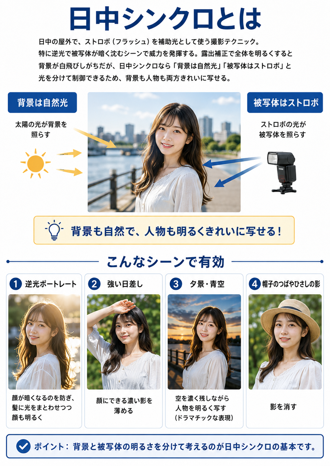 日中シンクロとは: 背景は自然光、被写体はストロボで照らす仕組みと有効な4シーンの図解